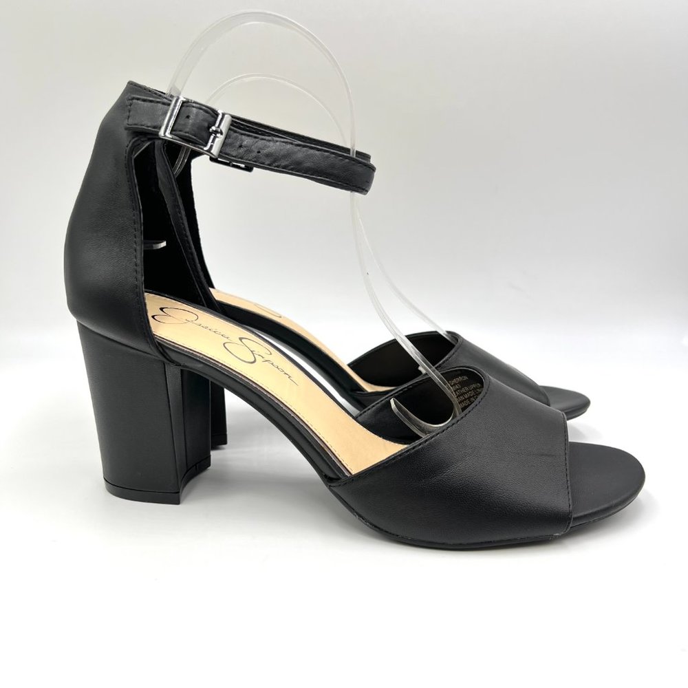 Jessica Simpson Womens Size 11 Black Leather Open Toe Block Heels‎ Sandals Shoes
